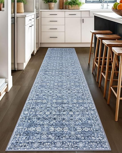 2.6x10 Runner Washable Rug for Kitchen, Blue Soft Classic Runner with Non-Slip, Non-Shedding Distressed Floral Rug for Hallways Entryway Bedroom Bathroom Laundry Indoor