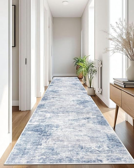 IOHOUZE Abstract Runner Rug 3x16 Ft Washable Runners for Hallways, Non Slip Kitchen Runner Printed Faux Wool Entryway Runner Indoor, Modern Abstract Floor Carpet for Hall Stair, Light Blue White