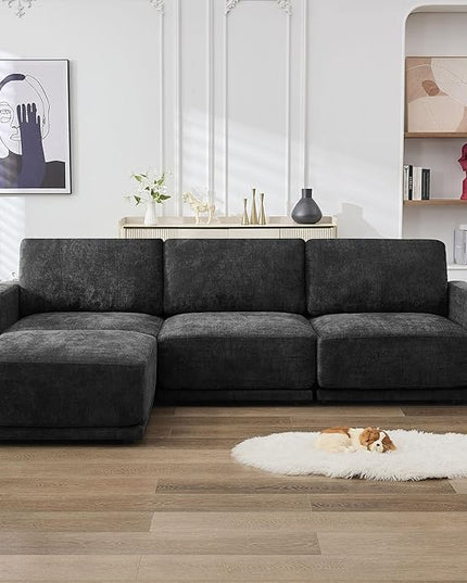 110.6" L Shaped Modular Sectional Sofa Modern Chenille Comfy Couch with Thickened Seat Cushions, Easy Assembly, Upholstered 4 Seater Couch with Movable Ottoman for Living Room, Black