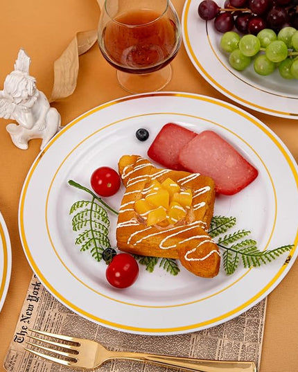 bUCLA 100Pieces Gold Plastic Dinner Plates - 10.25inch White and Gold Plates Disposable for Party - Ideal for Wedding, Party & Daily Use
