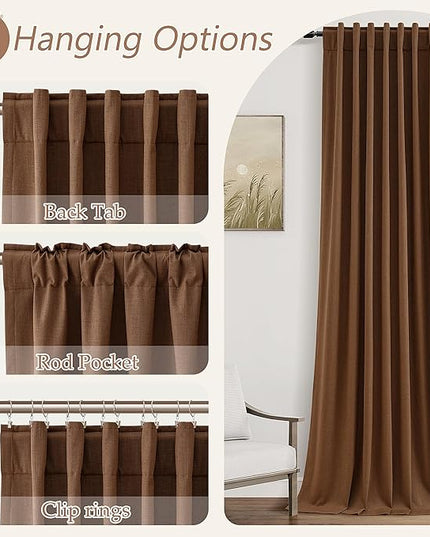 Guken 100% Blackout Linen Curtains 96 Inch Length 2 Panels Set for Living Room Bedroom Back Tab Thermal Insulated Black Out Linen Drapes Room Darkening Window Curtains,Caramel Brown