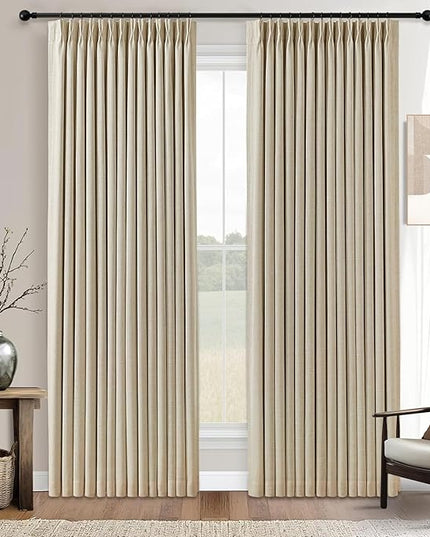 YZ HOME Sand Pinch Pleated 100% Blackout Curtains 95 Inches Long Linen Room Darkening Window Curtains for Living Dining Room Bedroom Thermal Insulated Pinch Pleat Double Layer Drapes with Hooks