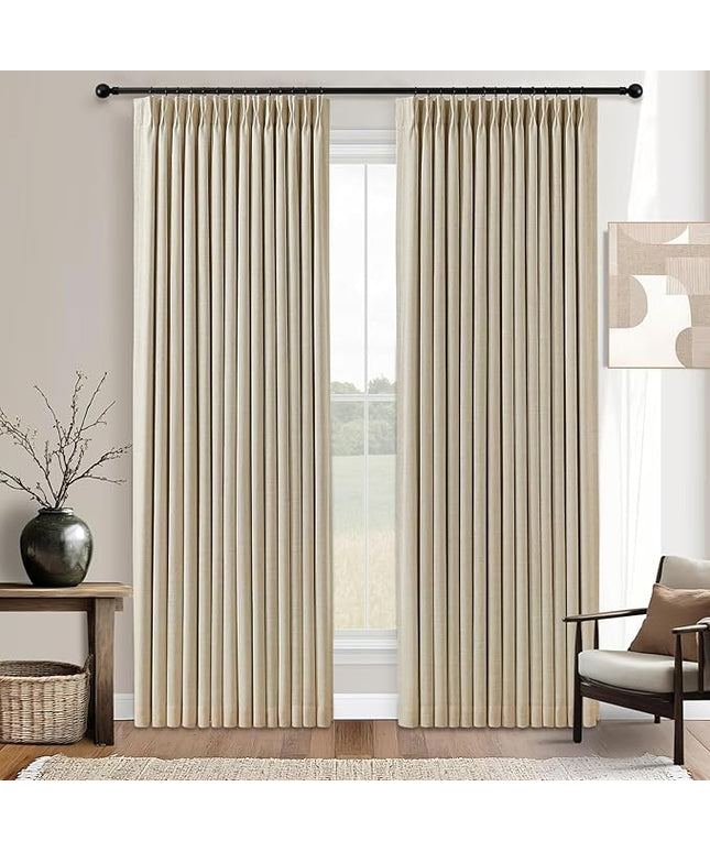 YZ HOME Pinch Pleated 100% Blackout Curtains 90 Inches Long Linen Room Darkening Window Curtains for Living Dining Room Bedroom Thermal Insulated Pinch Pleat Double Layer Drapes with Hooks, Sand