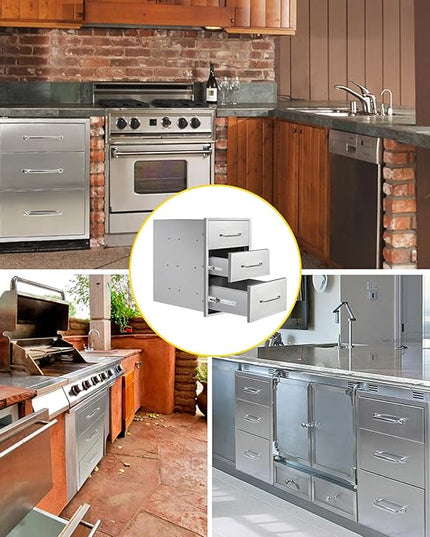 Outdoor Kitchen Drawers 14" W x 21"H x 21"D Stainless Steel Drawer Flush Mount Triple BBQ Drawers with Chrome Handle for Outdoor Kitchen Island, Patio Grill Station