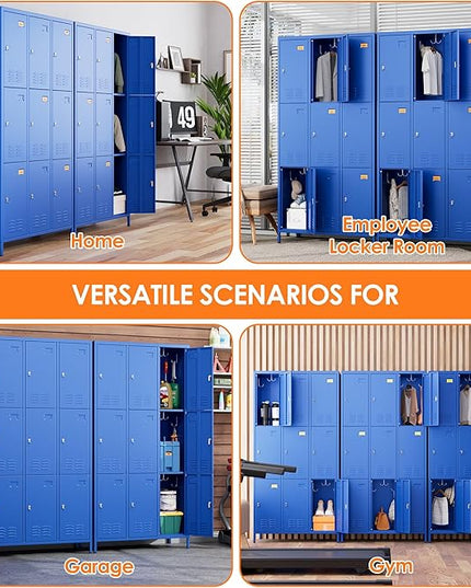 Aobabo New 9 Doors Metal Storage Locker for Employees, Lockable Steel Locker with Name Card Slot and 27 Hooks for School Office Gym Garage, Blue, Assembly Required