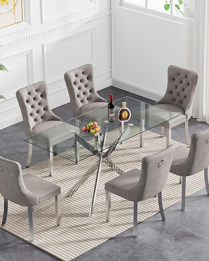 51" Glass Dining Table Set for 6, Modern Dining Room Table Set for 6, Silver X-Shape Pedestal Glass Table with 6pcs Gray Dining Chairs, 7 Piece Dining Set for Dining Living Room