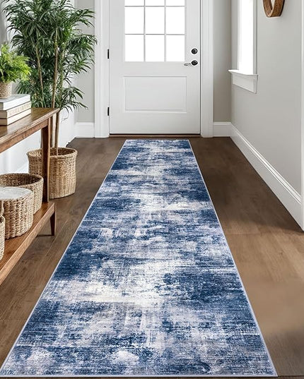 IOHOUZE Abstract Runner Rug 2x10 Ft Washable Runners for Hallways, Non Slip Kitchen Runner Printed Faux Wool Entryway Runner Indoor, Modern Abstract Floor Carpet for Hall Kitchen, Navy/Grey