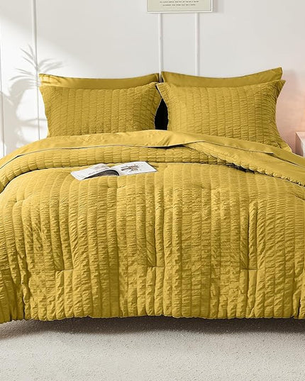 HYMOKEGE Mustard Yellow King Size Comforter Set Seersucker 7 Pieces, All Season Luxury Bed in a Bag for Bedroom, Bedding Set with Comforter, Sheets, Pillowcases & Shams