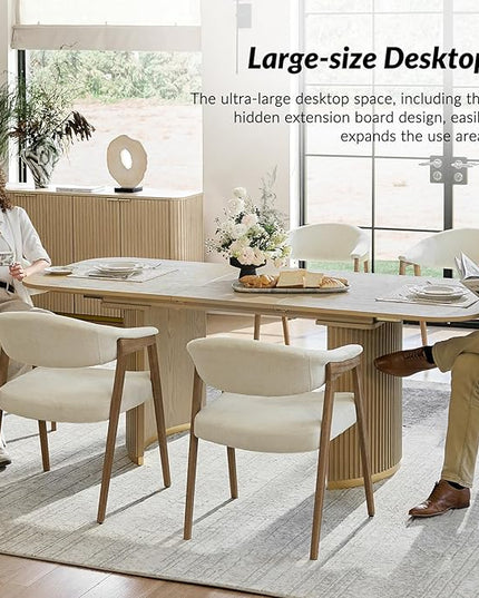 Modern Extendable Dining Table, Light Oak Wood, Mid-Century Design with Hidden Extension Board, Fluted Double Column Base, Rounded Corners, for Kitchen, Living Room