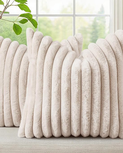 decorUhome Faux Fur Spring Throw Pillow Covers 18x18 Set of 2, Decorative Soft Plush Striped Neutral Couch Euro Pillow Covers with Velvet Back for Sofa, Bed, Living Room Home Decor, Beige