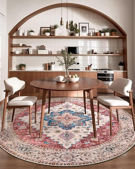 Ciicool Boho Area Rug Washable 6x6ft Round Bedroom Rug Non-Slip Oriental Throw Rug Low-Pile Floor Carpet for Dining Room Living Room