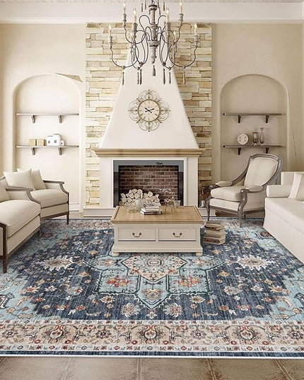 Washable Oriental Area Rug - 10x12 Rugs for Living Room Soft Carpet for Bedroom Waterproof Floral Distressed Indoor Stain Resistant Non-Shedding Floor Carpets (Blue/Teal/Orange, 10x12)