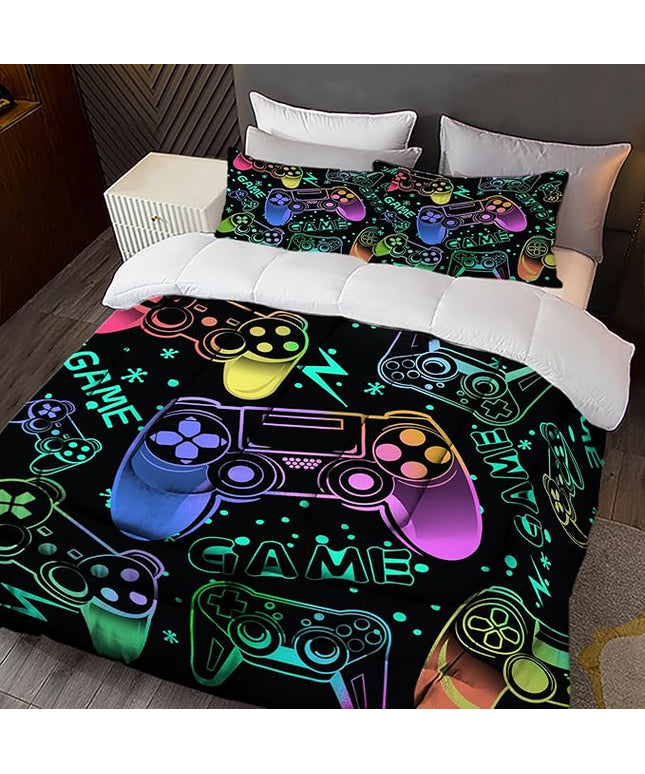 Sunnycitron Colorful Gamepad Gamer Comforter Set for Boys Gaming Bedding Set Teens Game Room Decor Queen (1 Comforter + 2 Pillowcase)