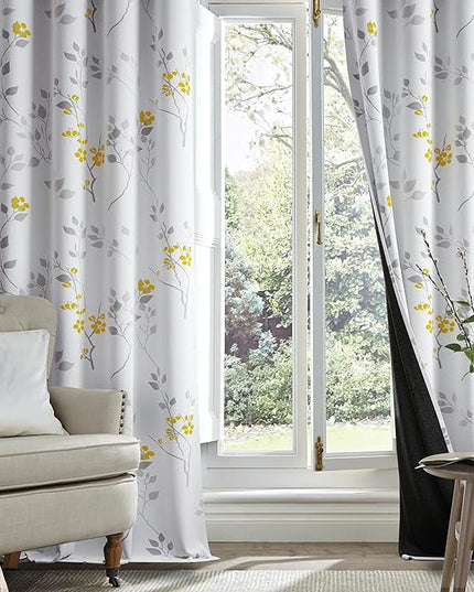 Beauoop Floral 100% Blackout Curtains 63 Inch Length 2 Panels for Bedroom Living Room Yellow Grey and White Flower Patterned Room Darkening Thermal Soundproof Grommet Window Treatments Drapes, 52X63