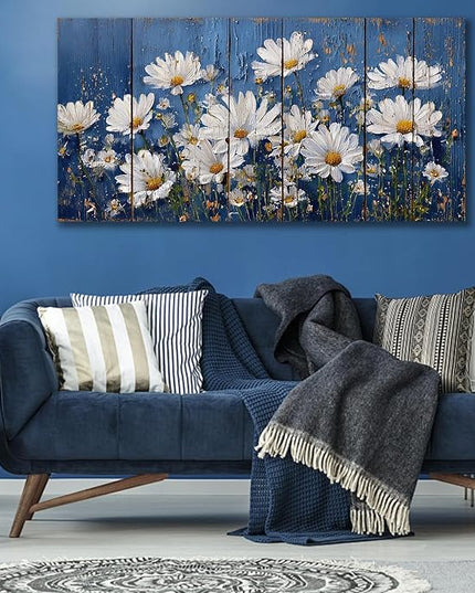 HUADAOART Canvas Wall Art Blue White Daisy Flowers 48 x 24 Inches Contemporary Living Room Bedroom Home Decor Ready to Hang