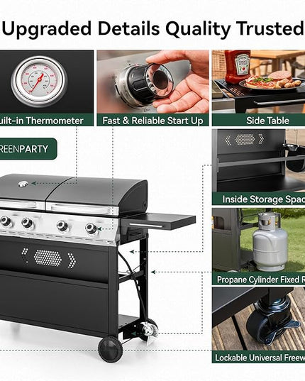 5 Burner Griddle Grill Combo, 2 in 1 Propane Gas BBQ Grill with Porcelain-Enameled Cast Iron Grates & Pan, Outdoor Flat Top Griddle, 695 Sq. In. Propane Barbecue Grill for Patio Backyard Balcony