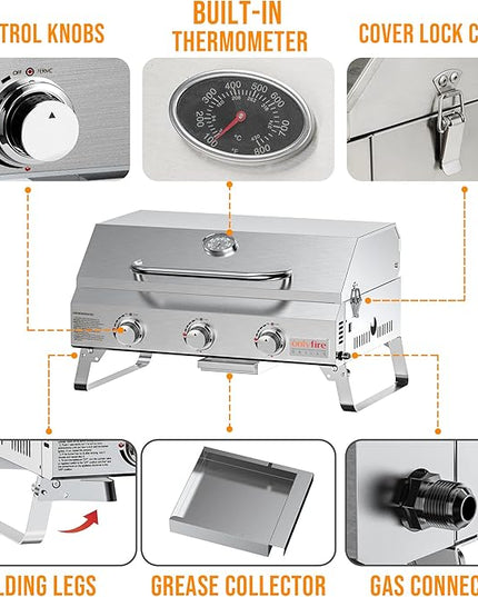 Tabletop Gas Grill 3 Burners, Portable Propane BBQ Grill with Foldable Legs for Outdoor Barbecue Patio Backyard Camping, Tailgating, RV Trip, Heavy Duty & 24000BTU, GS307