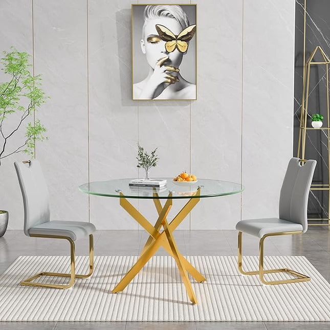 HomVent 3 Piece Round Glass Dining Table Set, Round Glass Kitchen Table Set for 2 with 2 PU Upholstered Dining Chairs for Kitchen Dining Room