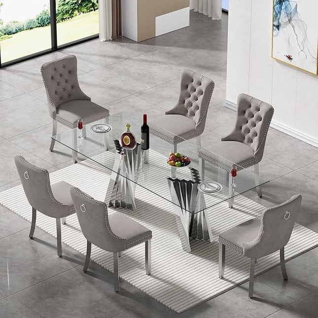 SSLine 7 Piece Glass Dining Table Set,70" Dinner Room Glass Table Set for 6,Modern Kitchen Dinner Table Set with Stainless Steel Base and 6 Upholstered Velvet Dining Chairs for Living Dining Room