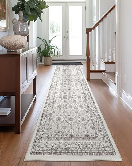 jinchan Hallway Runner Rug 3x7 - Machine Washable Beige Vintage Floral Distressed Design Soft Non-Slip Low-Pile Ultra-Thin Runner Rug for Kitchen Laundry Room Bedroom Farmhouse (3‘x7', Beige)