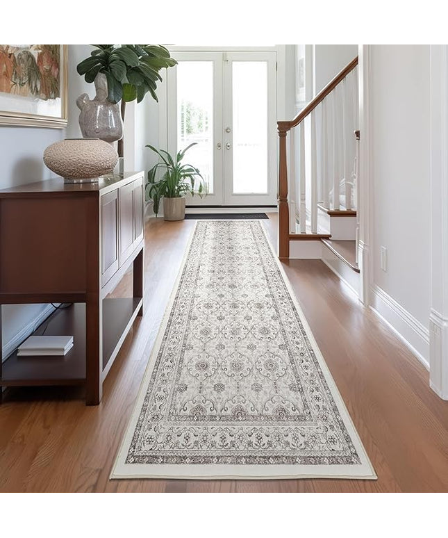 jinchan Hallway Runner Rug 3x7 - Machine Washable Beige Vintage Floral Distressed Design Soft Non-Slip Low-Pile Ultra-Thin Runner Rug for Kitchen Laundry Room Bedroom Farmhouse (3‘x7', Beige)