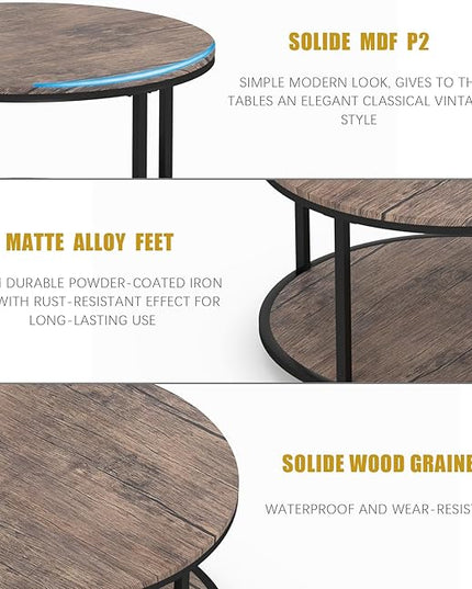 NSdirect Round Coffee Table, 27.5" Small Coffee Table for Living Room,2-Tier Rustic Wood Desktop with Storage Shelf Modern Design Home Furniture(Light Walnut)