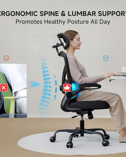Ergonomic Office Chair with Adjustable Lumbar Support & Headrest, High Back Mesh Chair with Flip-up Armrests for Long Hours, 330 lbs Home Office Desk Chair, Black