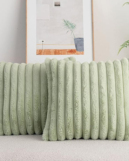 DEELAND Pack of 2,Double-Sided Faux Fur Plush Decorative Throw Pillow Covers Fuzzy Striped Soft Pillowcase Cushion Covers for Sofa Couch Bedroom Green 26x26 inch