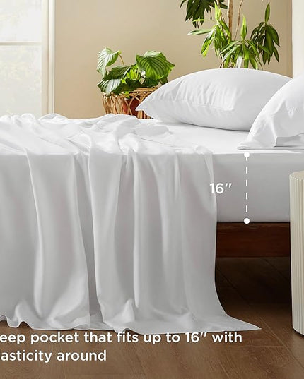 Bedsure Cooling Sheets Twin, Rayon Derived from Bamboo, Cooling Sheets, Breathable & Soft, Deep Pocket Up to 16 Inches, Hotel Luxury Silky Bedding for Hot Sleepers, White