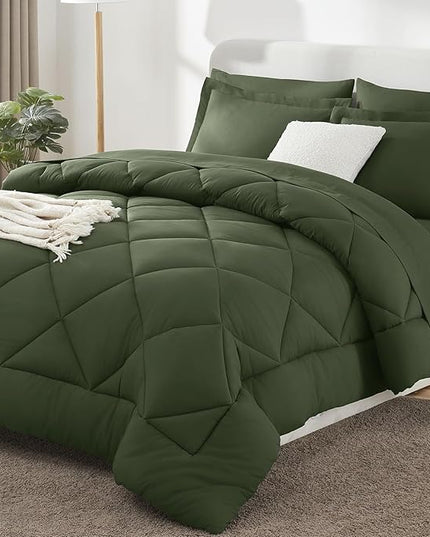 CozyLux King Size Comforter Set Olive Green - 7 Pieces Bed in a Bag King, Luxury Soft Bed Set for All Seasons, Bedding Set with Down Alternative Comforter, Sheets, Pillowcases & Shams