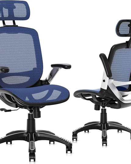 GABRYLLY Ergonomic Office Chair, High Back Mesh Desk Chair with Adjustable Headrest, Flip-Up Arms, 90-120° Tilt Lock, Lumbar Support and Comfy Seat, Swivel Computer Task Chair, Blue