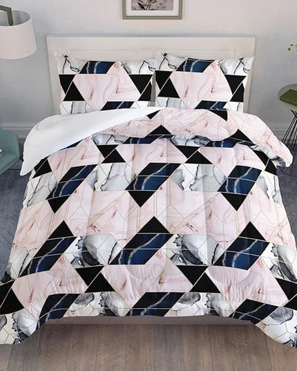 AILONEN Geometric Bedding Set Queen Size Comforter Set for Boys Girls, Pink Blue Grey Smoky Metallic Marble Gold Border Art Print Quilt Set Soft Breathable 3 Pieces,1 Comforter and 2 Pillowcases