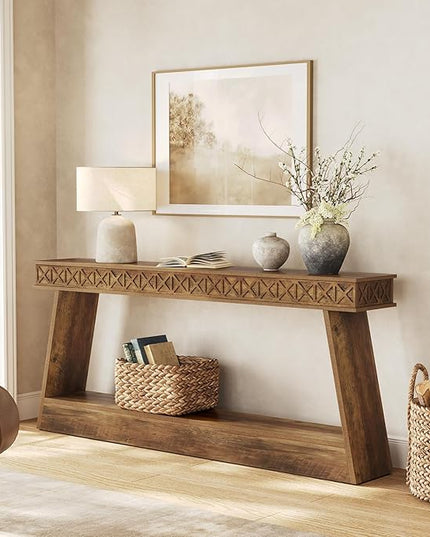 LITTLE TREE 70.87" Long Farmhouse Console Table, 2-Tier Shelf Narrow Accent Entryway Sofa Table for Living Room, Behind Couch, Hallway - Light Brown
