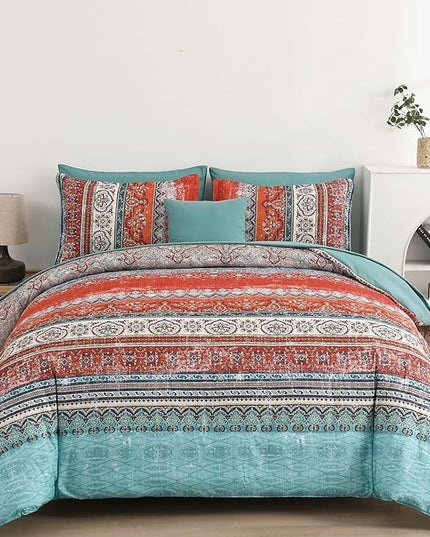 Cottolester Boho Full Comforter Set 8 Pieces, Terracotta Comforter Bohemian Striped Bed in A Bag,Soft Microfiber Bedding Set for All Seasons