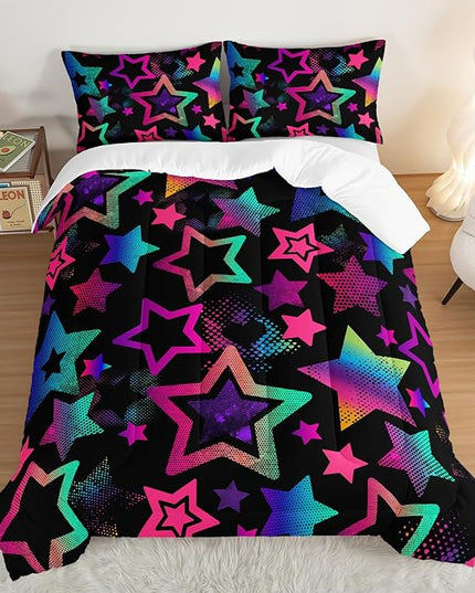 Kawaii Color Star Comforter Set Kids Bedroom Set,Neon Light Star Bedding Twin Size Comforter Sets for Boys Girls Room Decor,Aesthetic Bedding Sets with 2 Pillowcases.