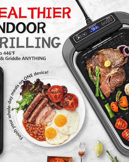 CUSIMAX Smokeless Grill, Electric Indoor Grill, 1500W Korean BBQ Grill with Non-stick Removable Grill/Griddle Plate, LED Smart Display & Tempered Glass Lid, Grey
