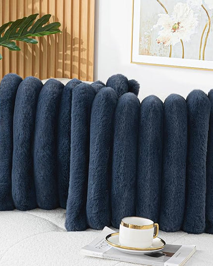 Touchat Pack of 2 Faux Fur Pillow Covers, 18x18 Inch Decorative Throw Pillow Covers with Hidden Zipper, Ultra Soft Couch Cushion Pillows Covers for Sofa/Bedroom Wide Stripe, Navy