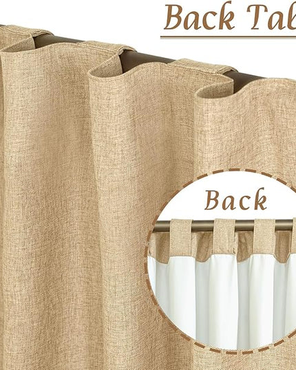 LAMIT Natural Linen Full Blackout Window Curtains for Bedroom, 54 Inches Thermal Farmhouse Curtains Back Tab and Rod Pocket Privacy Protected Burlap Panels with White Liner, 2 Panels, 52 x 54 Inch