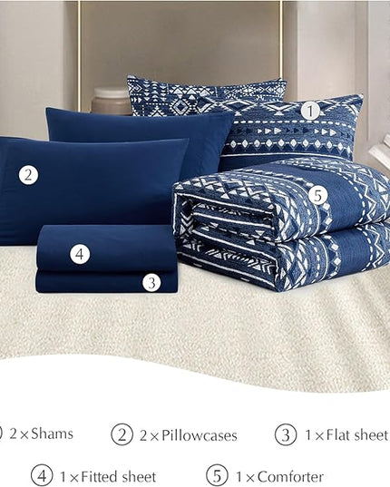 Geniospin Full Comforter Set - 7 Pieces Comforters Full Size, Fluffy Boho Bedding Sets for All Seasons, Bed in a Bag with Flat Sheet and Fitted Sheet, Pillowcase & Sham (Blue, 80''x90'')