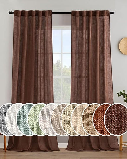 MIULEE Chocolate Brown Linen Curtains 108 Inches Long for Bedroom Living Room, Soft Thick Linen Textured Window Drapes Semi Sheer Light Filtering Rod Pocket Back Tab Burlap Look, 2 Panels