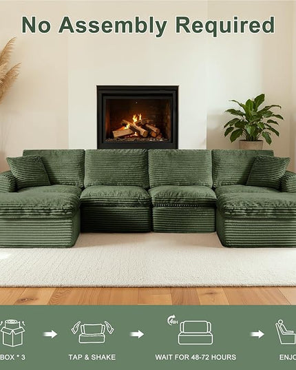 138” Modular Sectional Sofa Couches U Shaped Couch 4 Seater Cloud Sofa Memory Foam Sectional Couches for Living Room, Boneless Couch with Ottoman, Corduroy, Green