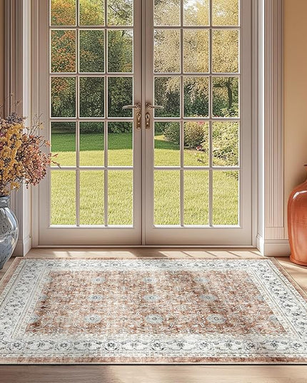 jinchan Floral 3x5 Area Rugs for Entryway - Orange Vintage Distressed Design Doormat Non-Slip Ultra-Thin Low Pile Boho Rug for Kitchen Living Room Bedroom Farmhouse (3‘x5', Orange)