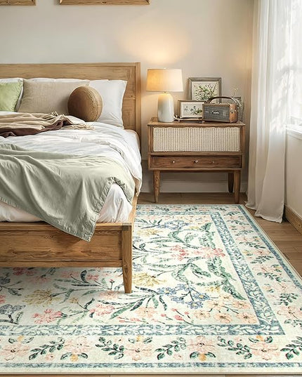 Wonnitar Large Living Room Rug, Floral 10 x 14 Machine Washable Area Rugs, Soft Boho Ultra-Thin Non-Shedding Indoor Aesthetic Carpet for Bedroom Dining Room Office