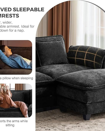 ELUCHANG 113" Modular Sectional Sofa, Comfy Cloud Couch Deep Seat Sofa Couches for Living Room, Modern Sofa with Movable Ottoman and Throw Pillows, DIY Combination - Chenille Black