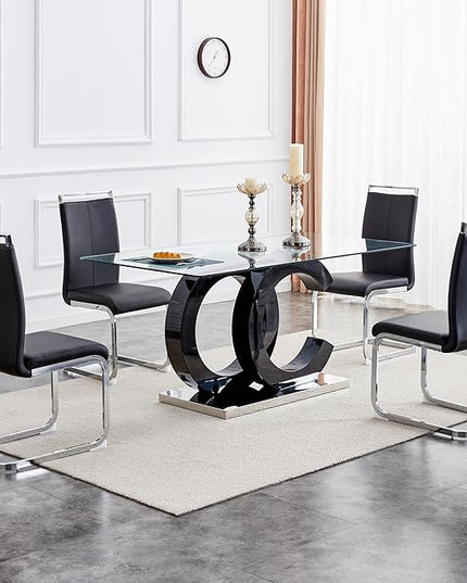 Ebullient Glass Dining Table Set for 4 ，5 Piece Dining Table and Chairs Set,Tempered Glass Top，Modern Dinner Set with 4 PU Leather Ergonomic Chairs