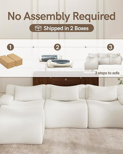 Boneless Couch White Modular Sectional Sofa for Living Room, 114'' L Shaped Compressed Couch in a Box with Ottoman, Modern Comfy 3 Seater Deep Foam Chenille No Assembly Couches for Bedroom
