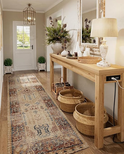 Cyclysio 63" Console Tables for Entryway, Long Console Tables for Living Room, Behind Couch Table, Sturdy Wood Support Farmhouse Entryway Table with 3AC+2USB Charging‌ Station, Natural Oak
