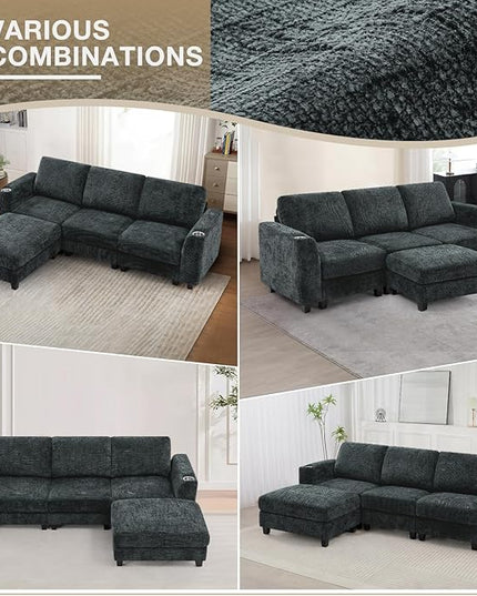 87" Chenille Sectional Sofa with Movable Ottomans, Modular L-Shape Couch with Cup Holders, Convertible 3 Seater Sofa with Well-Filled Backrest Cushions for Living Room, House, Grey
