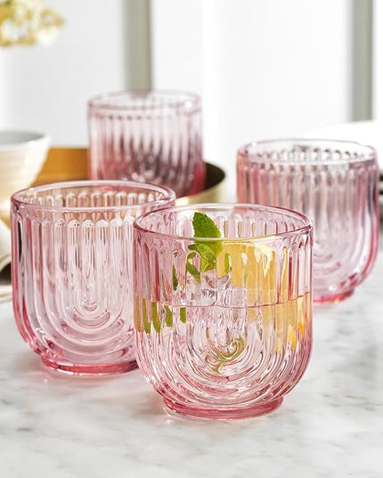 Glaver's Vintage Glassware Art Deco Glasse Ribbed Drinking Glasses U-Shape Arch Design Colored Cocktail Kitchen Tumblers Everyday Dinner Decorative Party (Pink S/4 11oz)