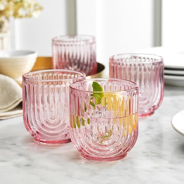 Glaver's Vintage Glassware Art Deco Glasse Ribbed Drinking Glasses U-Shape Arch Design Colored Cocktail Kitchen Tumblers Everyday Dinner Decorative Party (Pink S/4 11oz)